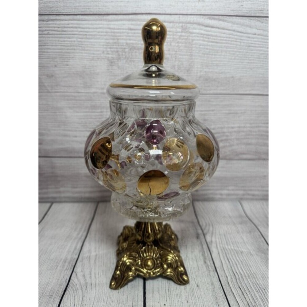 Bohemia Crystal Czech Hand Painted Covered Candy Bowl Gold & Purple Art Glass